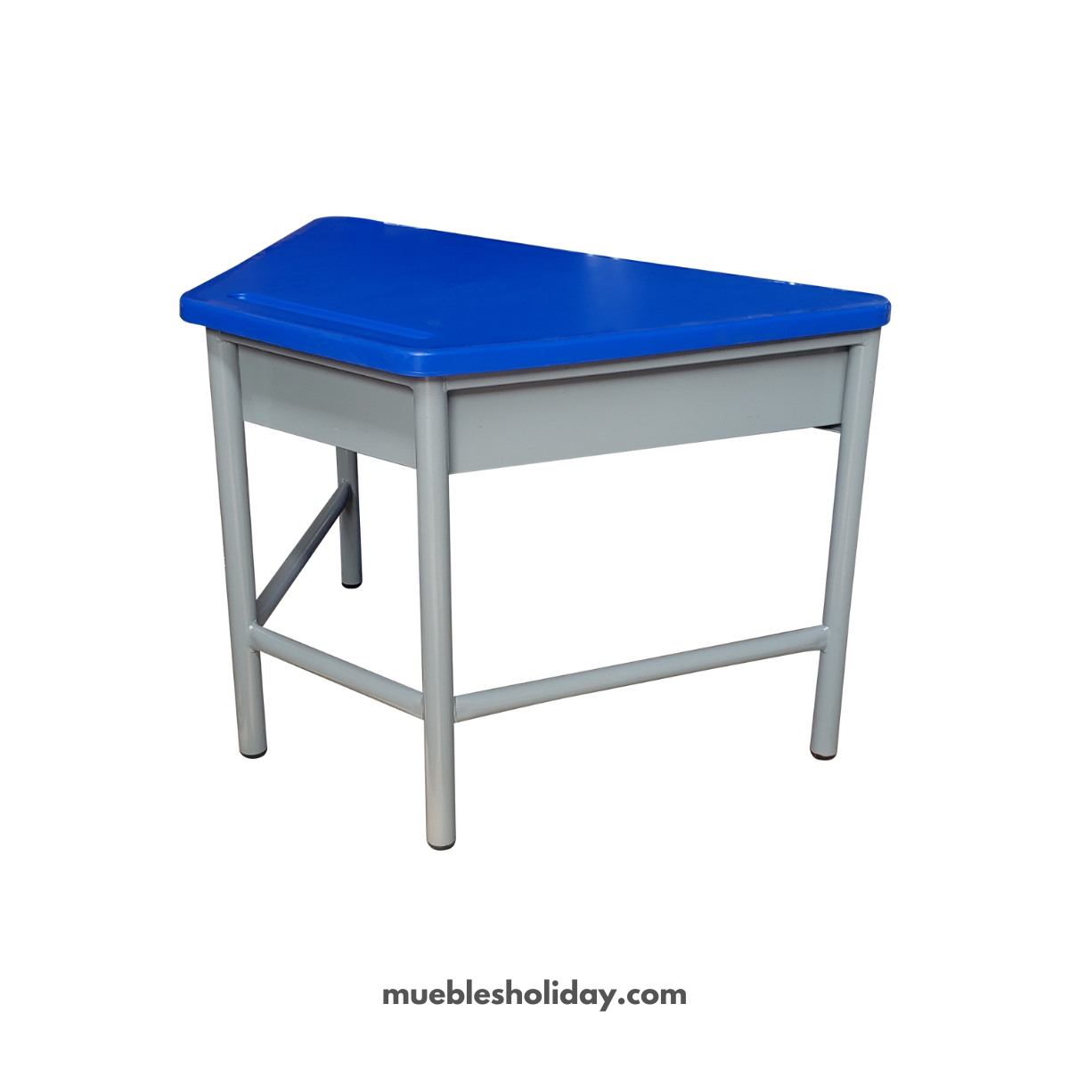 Mesa escolar trapecio con tablero de polipropileno y cajón de lata detras delante - Muebles Holiday